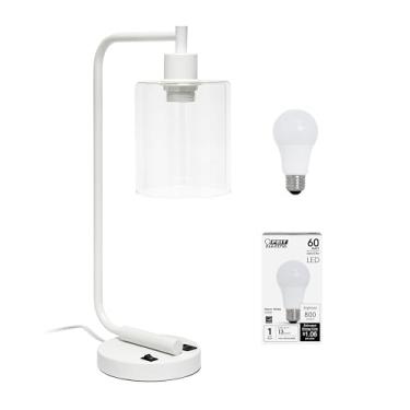 Imagem de Simple Designs LD1066-WHT-LB Lanterna de Mesa Industrial Vintage Bronson Ferro Lanterna de Mesa com Porta USB e Sombra Cilindro de Vidro para Escritório, Sala de Estar, Quarto, Branco, com Lâmpada LED