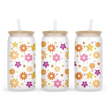 Imagem de Copo de vidro margarida - copo de flor - copo de vidro estético margarida com tampa e canudo - presentes de aniversário para amigas e meninas - copos de vidro de flor fofos - copo de vidro fosco de