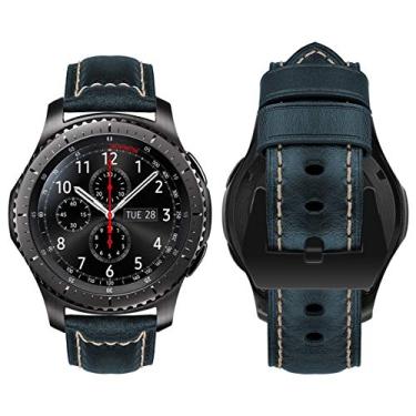 Imagem de MroTech Pulseira de liberação rápida de 22 mm compatível com Samsung Galaxy Watch de 46 mm/Watch 3 de 45 mm/Gear S3 Frontier/Classic Pulseira de couro genuíno para Huawei Watch GT/GT 2/GT 3 de 46 mm - Azul retrô