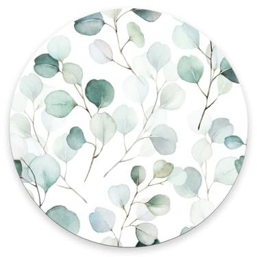 Imagem de Tapete de mouse, tapete de rato de folha de eucalipto verde e branco, tapete de rato de pano redondo lavável para computador portátil, base de borracha antiderrapante para rato sem fios para mesa de