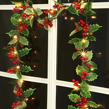 Imagem de ATDAWN Guirlanda Iluminada de Natal de Frutas Vermelhas de 7 Pés, Guirlanda de Natal Operada por Bateria com Luzes, Guirlanda Pré-Iluminada Artificial Flexível para Lareira Doméstica Interna, Feriado