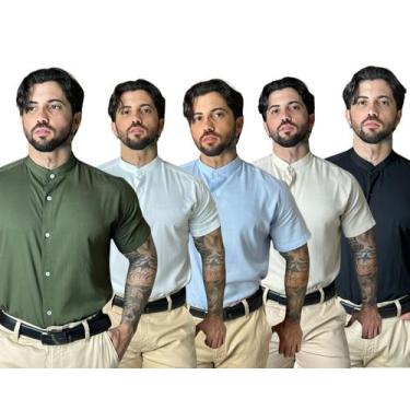 Imagem de Camisa Gola Padre Masculina Social Slim Fit Manga Curta Envio Imediato