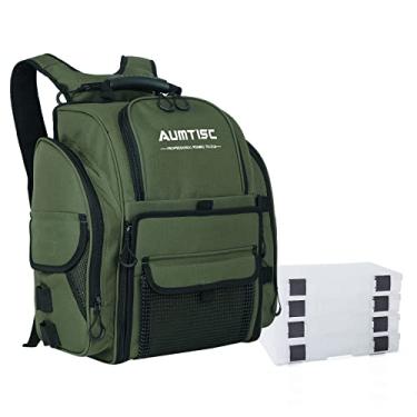 Imagem de AUMTISC Mochila masculina com 4 caixas de equipamento, 2 suportes para varas, capa de chuva, bolsas grandes para equipamentos de pesca para acampamento, caminhada