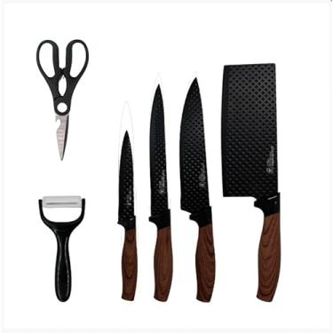 Imagem de Conjunto de Facas de Cozinha Premium, 6 Peças All Black, Cabo em Madeira, Lâminas em Aço Inox Preto, Inclui Faca Chef 31cm, Cutelo, Tesoura e Descascador
