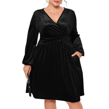 Imagem de KOJOOIN Vestido feminino plus size boho decote em V manga lanterna longo plissado floral wrap vestido veludo festa coquetel midi, Preto, XXG