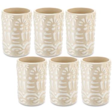 Imagem de Roshtia Conjunto de 6 peças de copos de dose de tequila mexicana de 59 ml, copos de shot Talavera, feitos à mão, com decoração branca, canecas de presente de cerâmica mexicana para amantes de tequila