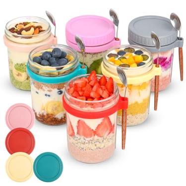 Imagem de Xileanalee Recipientes de aveia noturna de 6 pacotes com tampas e colheres - potes de aveia noturna de 18 onças, potes de vidro para pudim de chia, cereais, frutas, vegetais, leite, salada,