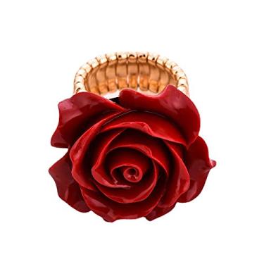 Imagem de Ganquya Anel moderno de flor de rosa vermelha para mulheres e meninas, anéis elásticos elásticos ajustáveis e acessórios de joias, banhado a ouro, Sem pedra preciosa