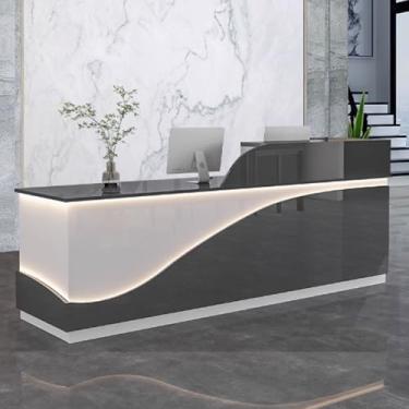 Imagem de Mesa de recepção moderna para escritório, balcão de recepção, recepção de recepção, mesa de balcão de escritório de madeira projetada com tiras de luz para salões de beleza, preto + branco, 120 cm