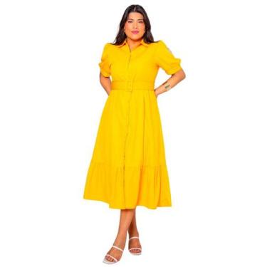 Imagem de Vestido plus size manga curta midi com cinto e saia evase em crepe ele