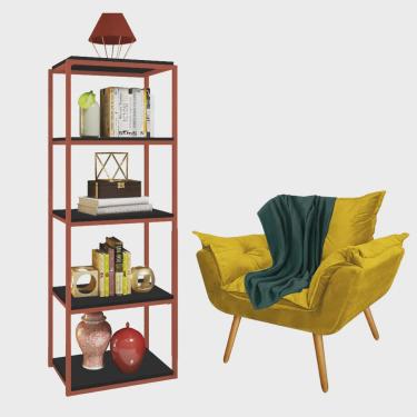 Imagem de Kit Poltrona Fatte com Manta Soft Verde e Estante Livreiro Ferro Bronze mdf Preto Suede Amarelo - Ahz Móveis