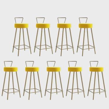 Imagem de Kit 09 Banqueta Alta Com Encosto Tais Eiffel Cozinha Bar Bistrô Ferro Dourado Suede Amarelo - Ahz Móveis