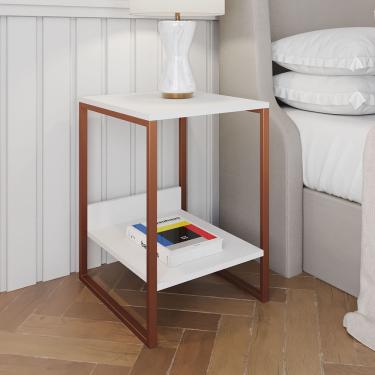 Imagem de Mesa Cabeceira Lateral de Cama Industrial Branca Tókio Base Cobre