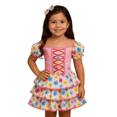 Imagem de Dupla Caipira Rosa Floral  Vestido Adulto e Infantil para Festa Junina