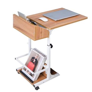 Imagem de Mesa ajustável com rodas | Mesa móvel com rodinhas | Mesa portátil para computador portátil | Mesa lateral de madeira para bandeja de sofá-cama para escritório em casa