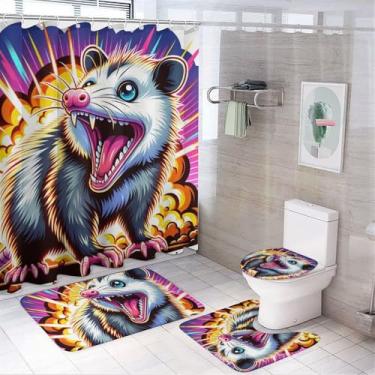 Imagem de GemGam 4 peças de cortina de chuveiro com conjuntos de banheiro e tapetes decoração anime gambá grito conjuntos de cortina de chuveiro com tapete antiderrapante capa de vaso sanitário tapete em forma