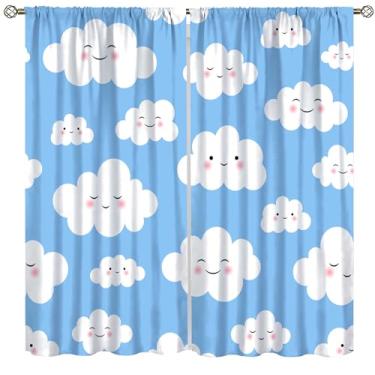Imagem de Cortinas azuis nuvens fofas com desenho animado blackout com bolso para varão estampada, isolamento térmico, redução de ruído, sala de estar, quarto, cortinas de janela 106 x 113 cm