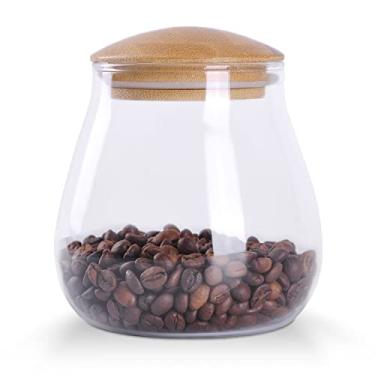 Imagem de WHJY Suporte de recipiente de vidro transparente de 760 ml com tampa hermética de bambu, pequeno e bonito pote decorativo redondo moderno para café, especiarias, doces, sal, biscoitos, condimentos, pimenta, açúcar