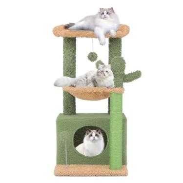 Imagem de Athena Collection Torre de árvore para gatos pequenos com poste para arranhar, condomínio moderno de 85 cm com rede aconchegante para pendurar bola para gatinhos em ambientes internos, sombra de cacto