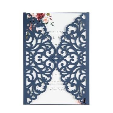 Imagem de FEIYI 20 peças de cartões de convite cortados a laser azul marinho com folhas internas em branco para cartões de casamento, chá de panela, noivado, convite de quinze anos (Sem envelopes)