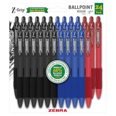 Imagem de Zebra Pen Canetas esferográficas retráteis recicladas Z-Grip, 1,0 mm, cores sortidas, clipe de metal durável, 68% recicladas, pacote com 24 (20304)