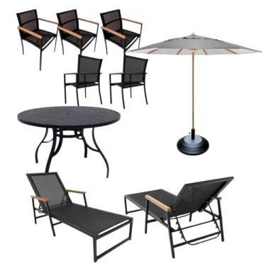 Imagem de Kit Moveis Piscina Conjunto Amélia Premium para Área Externa, Mesa Redonda Alumínio 1,20m, 5 Cadeiras, 2 Espreguiçadeiras em Tela Sling e Guarda Sol 3m com Base (Cinza)