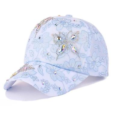 Imagem de Boné de Beisebol Feminino com Strass, Flor e Borboleta - Aba Curvada e