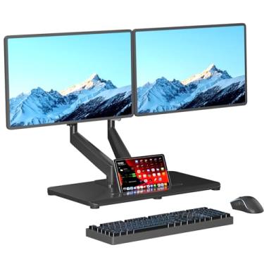 Imagem de Pholiten Braços de monitor duplos ajustáveis com mola a gás para telas de 17 a 32 polegadas, suporte pneumático para monitor VESA duplo com base, suporte de mesa de monitor duplo de movimento completo