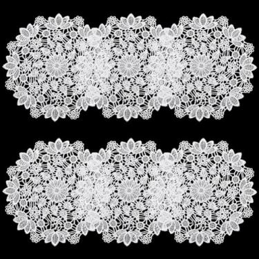 Imagem de CREATCABIN 8 peças de toalhas de renda de crochê feitas à mão porta-copos de renda redonda branca flor de lótus bordado copo tapetes de vaso de poliéster decoração de pano para mesa de jantar cômoda