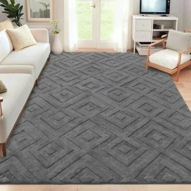 Imagem de USTIDE Tapete lavável antiderrapante 12,5 x 17,8 cm (5x7 cm), tapete moderno, geométrico, resistente a manchas, tapete contemporâneo para sala de estar, quarto, sala de jantar, cinza