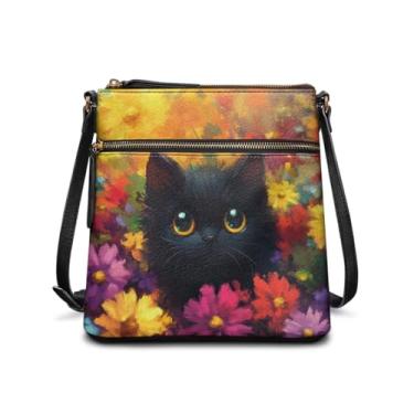 Imagem de HUGS IDEA Bolsa tiracolo feminina de couro, bolsa tiracolo grande, Hobo, bolsa para celular, Flores de gato preto