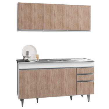 Imagem de Armário Aéreo E Balcão Gabinete Com Pia Inox 150cm Branco