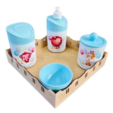 Imagem de Kit Higiene Baby Safari Menino e Menina c/bandeja em MDF (QUADRADA CRUA/AZUL, Leão/Macaco/Girafa - Balões)
