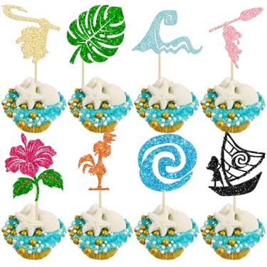 Imagem de Ephlyn 32Pcs Moana Inspired Cupcake Toppers Glitter Palm Leaf Flower Cupcake Picks Tropical Hawaiian Luau Theme Cake Decorations for Baby Shower Birthday Party Cake Supplies Multi