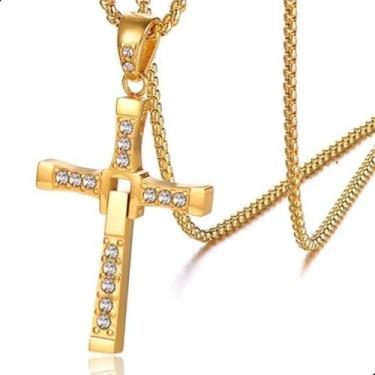 Imagem de Cordão Cruz Toretto Masculino Com Pedras - Colar com Pingente Crucifixo Cravejado com Zirconia - Amuleto Cristão Acessório de Presente para Religioso Fé e Estilo (70cm, Dourado)