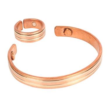 Imagem de INDTRESOR Pulseira de cobre feita à mão magnética feita à mão com fio espiral sólido e de alto calibre trançado padrão minimalista elegância pulseira de cobre puro e anel combinando em dois tons