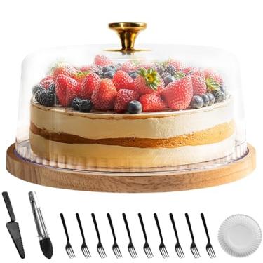 Imagem de Suporte de bolo, suporte de bolo de madeira de 30,5 cm com cúpula, suporte de sobremesa com tampa de acrílico, bandeja de servir queijo para sobremesa, prato de bolo com tampa para festas, aniversário