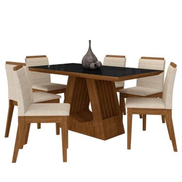 Imagem de Mesa Málaga 1,6 Com 6 Cadeiras Estofadas Freijó/preto/suede Bege - M.a