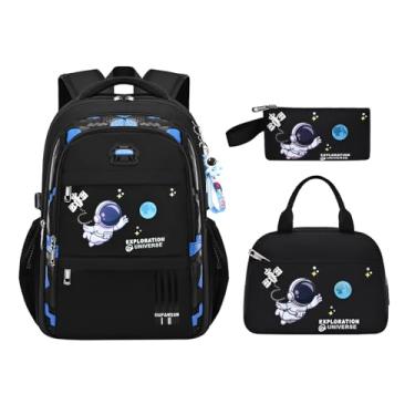 Imagem de MITOWERMI 3 peças de mochila infantil com lancheira, mochila escolar para meninos e meninas, conjunto de mochila para estudantes do ensino fundamental, Preto, Retrô moderno