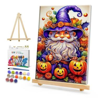 Imagem de HeeBenor Kit de pintura por números de Halloween para adultos com moldura, pintura de gnomo de abóbora por número com cavalete, kits de pintura de gnomo de Halloween para adultos por números em tela