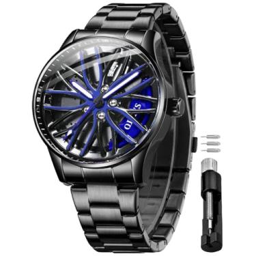 Imagem de OLEVS Relógios masculinos com mostrador grande de 42 mm, esqueleto luminoso, à prova d'água, aço inoxidável, moderno, relógio de carro, 9937: azul