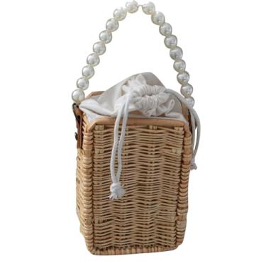 Imagem de SHAREYOIU Bolsa de pérola vintage feita à mão com ombros de vime, bolsas de tecido estilo praia bolsas de palha, D