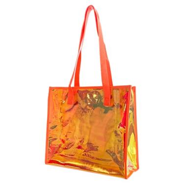 Imagem de TotePrint Bolsa transparente holográfica, bolsa de praia iridescente, impermeável, à prova de areia, para trabalho, estádio e viagem, Laranja, Large