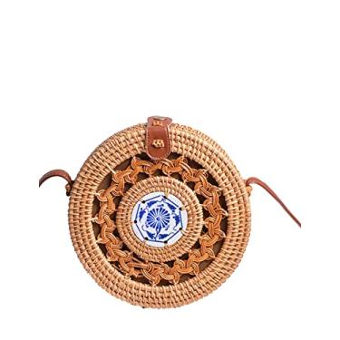 Imagem de SHAREYOIU Bolsas de ombro redondas de vime feitas à mão, estilo tropical de praia natural chique com alça de couro, T vazado, BIG ,7.87 x 3.2 inches