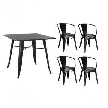Imagem de Conjunto Mesa Tolix 80cm + 4 Cadeiras Com Braço ? Preto, Estilo Industrial Para Bar Ou Café