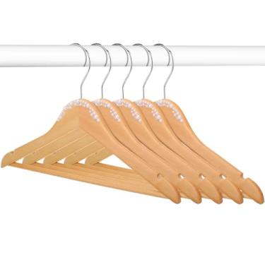 Imagem de Cinnvoice 5 cabides de vestidos de noiva de madeira, pérolas, vestidos de noiva com pérola marrom, presente de festa de casamento de madeira (cor de madeira, elegante)