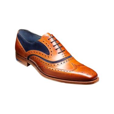 Imagem de BARKER McClean Sapato social masculino feito à mão em couro Oxford – Goodyear Welted, sola de couro integral, couro de bezerro premium – Roupa formal e de negócios, Bezerro cedro/camurça azul, 45