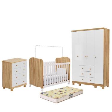 Imagem de Dormitório Infantil Júnior 4 Portas, Cômoda e Berço Uli com Colchão Supreme - Móveis Peroba