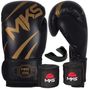 Imagem de Kit Luva de Boxe Muay Thai Kickboxing Champions III + Bandagem + Protetor Bucal MKS Combat - Escolha o seu Modelo (PRETO E DOURADO, 16oz)