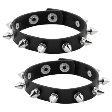 Imagem de 2 pulseiras de couro, pulseira punk trançada de rocha, rebites, pulseiras pretas emo dos anos 80 para mulheres, homens, joias punk para lembrancinhas de festa de Halloween
